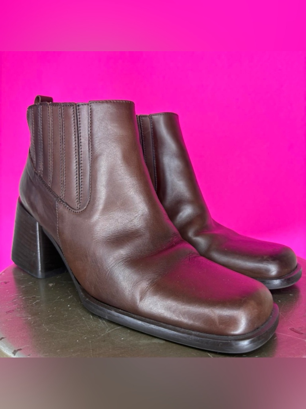 Glacee Brown Leather Square Toe Block Heel Chelsea Boot US 6